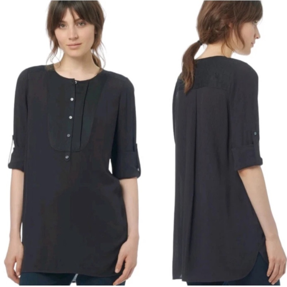 Vince Yoke Front Black Trapunto Tunic Top for Womens Size XS Roll Tab Sleeve